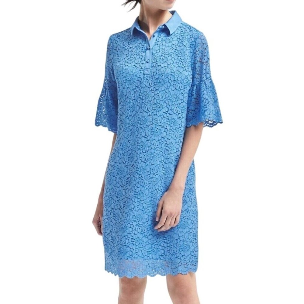 Banana Republic L Cornflower Blue Lace Flutter Sleeve Collared Polo Knee Length